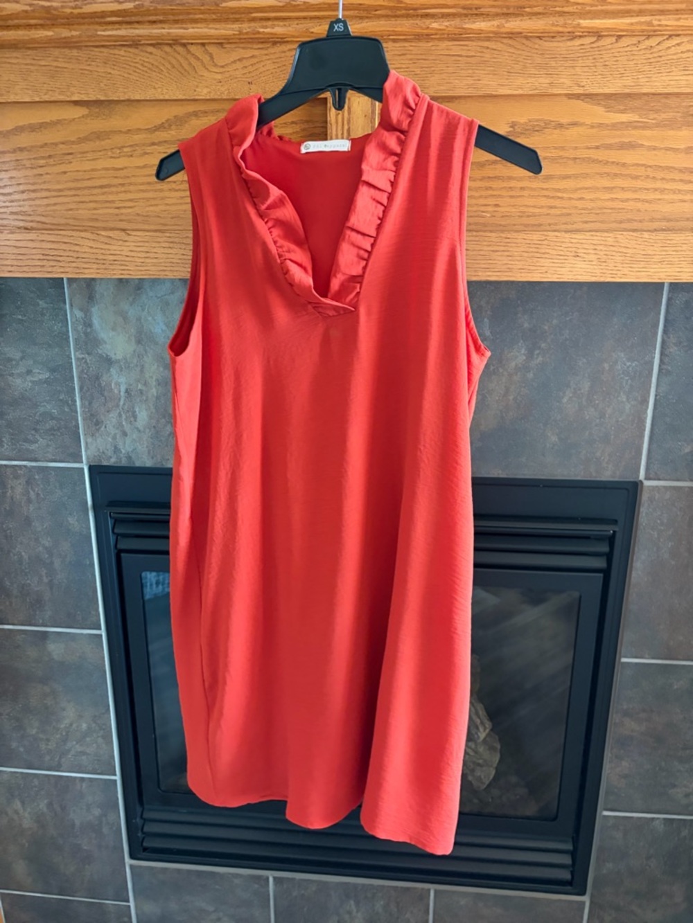 Sleeveless Ruffle V-Neck Dress in Coral orange/Red